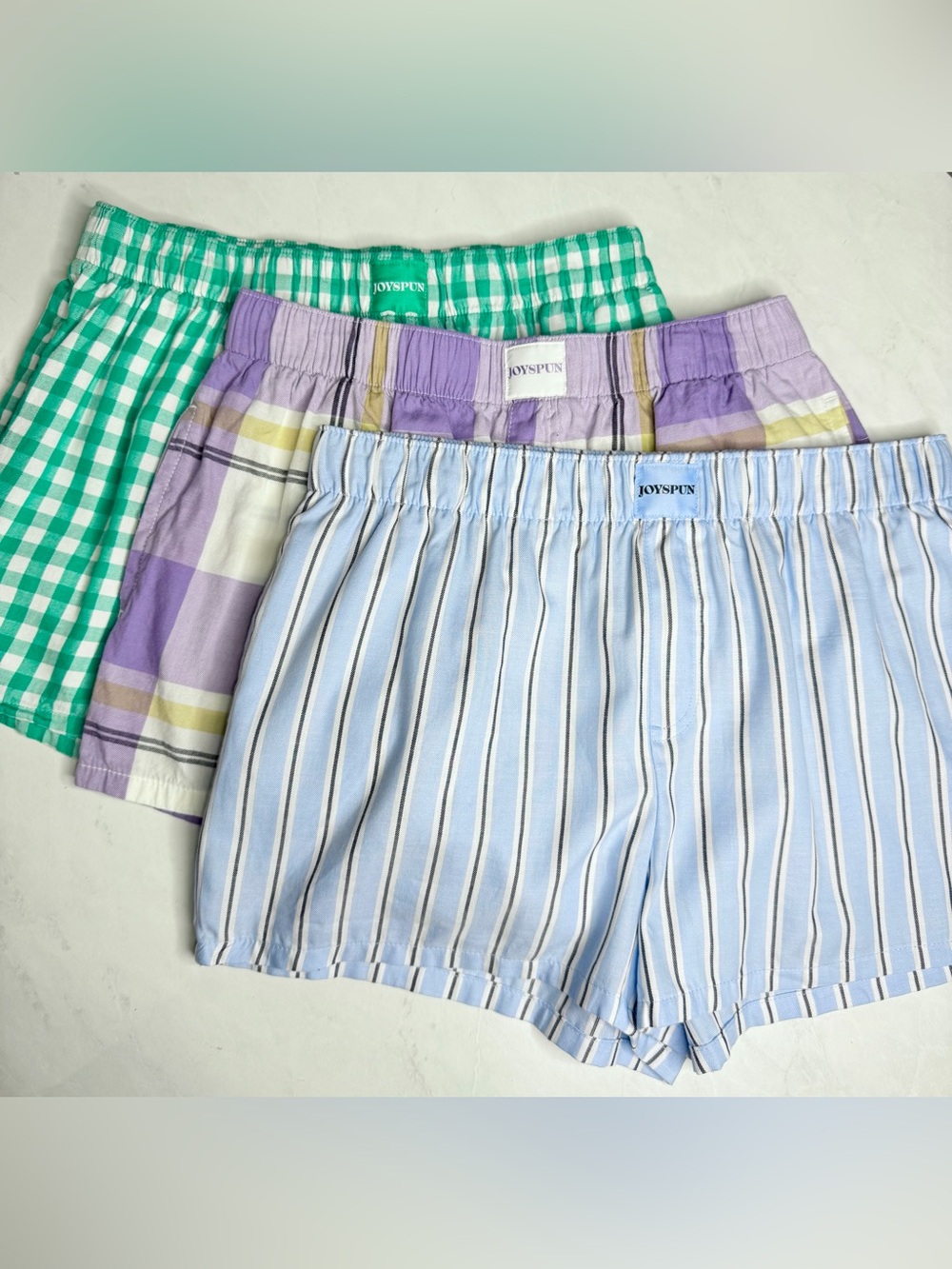 Joyspun Set of 3 Boxer Pajama Shorts Blue Stripe Purple Plaid Green Gingham